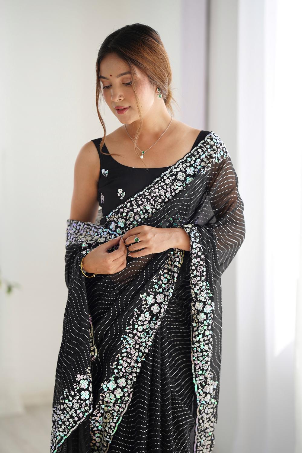 Isaha Black Georgette Saree with Sequins Embellished Border Ready to Wear One Minute Saree