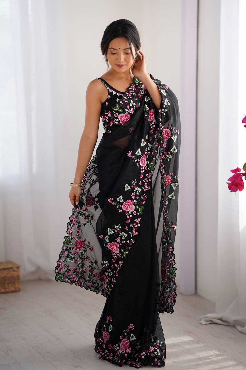Trina Black Twill Net Floral Embroidered Border Ready to Wear One Minute Saree