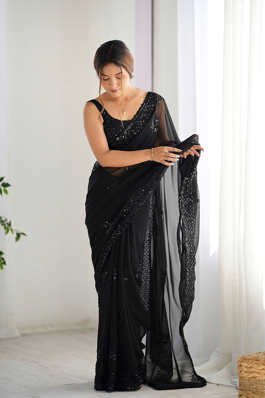 Tyra Black Georgette Net Embroidered Sequins One Minute Saree
