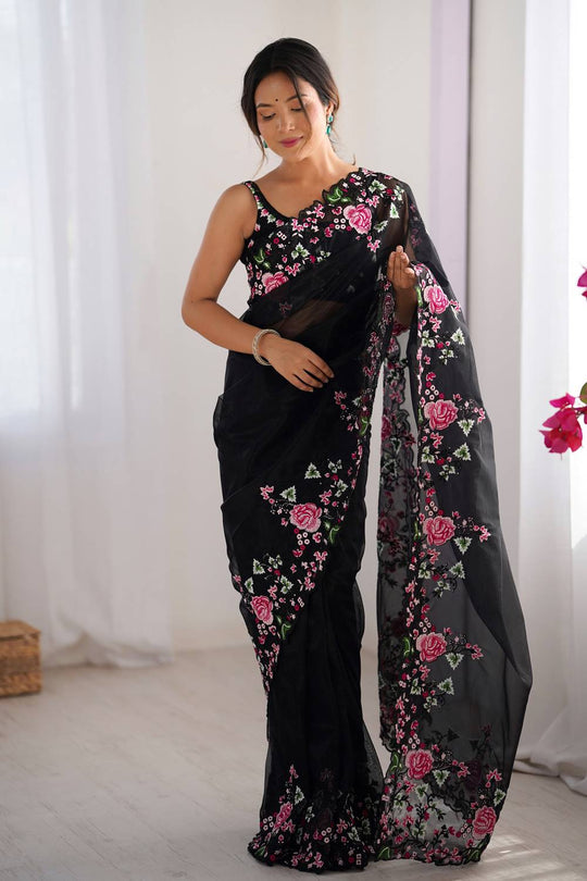 Trina Black Twill Net Floral Embroidered Border Ready to Wear One Minute Saree