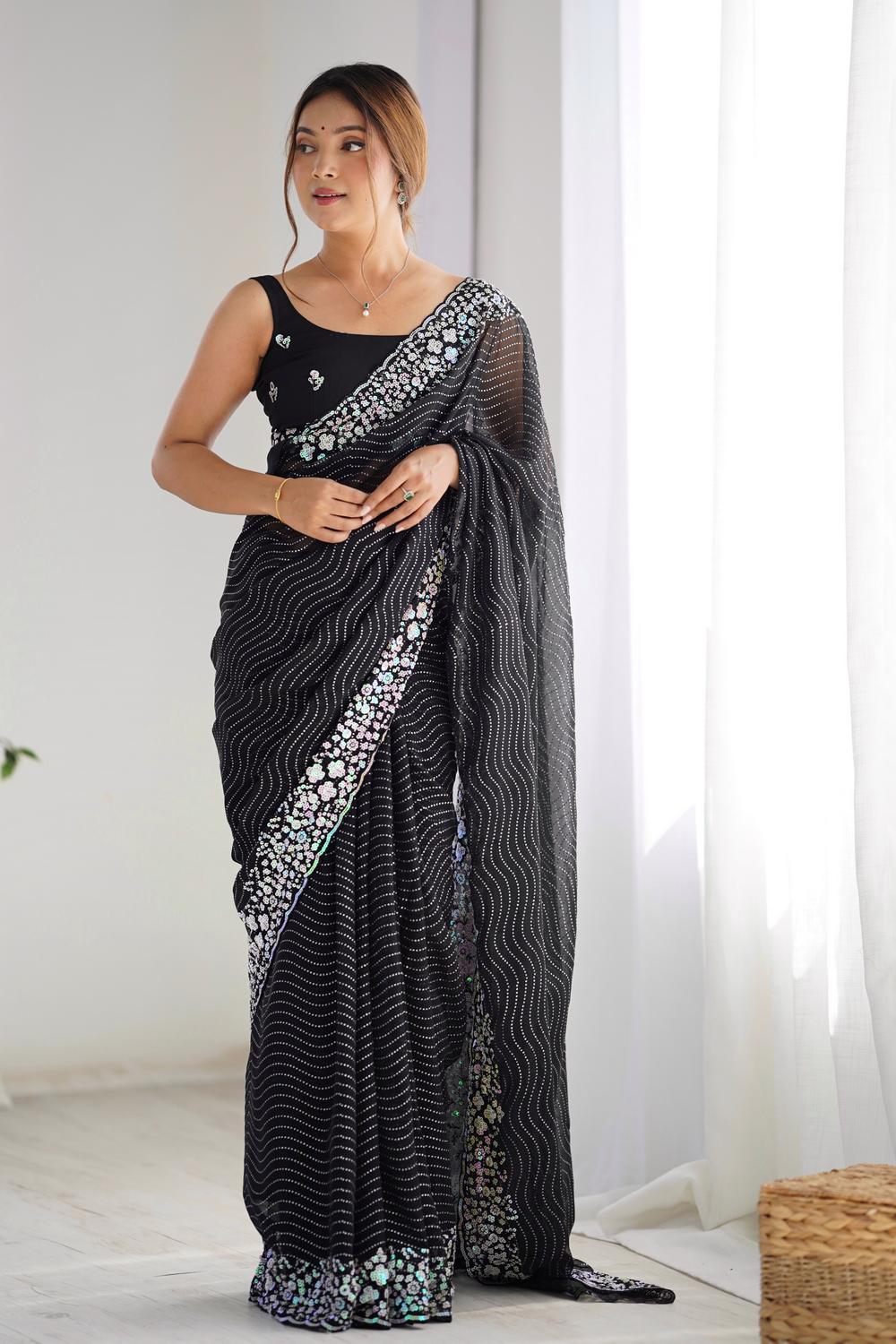 Isaha Black Georgette Saree with Sequins Embellished Border Ready to Wear One Minute Saree