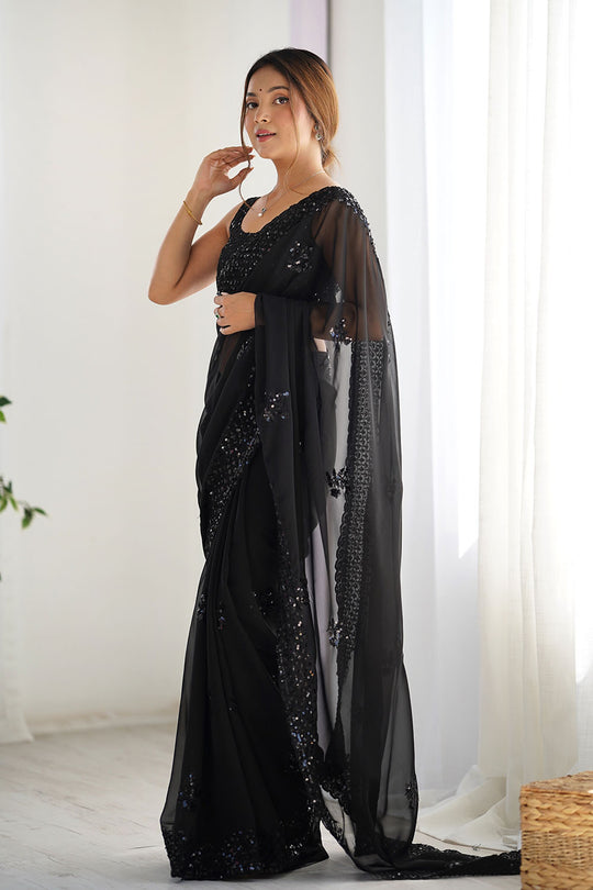 Tyra Black Georgette Net Embroidered Sequins One Minute Saree