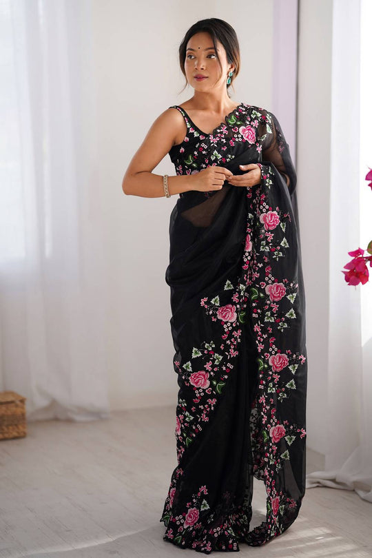 Trina Black Twill Net Floral Embroidered Border Ready to Wear One Minute Saree