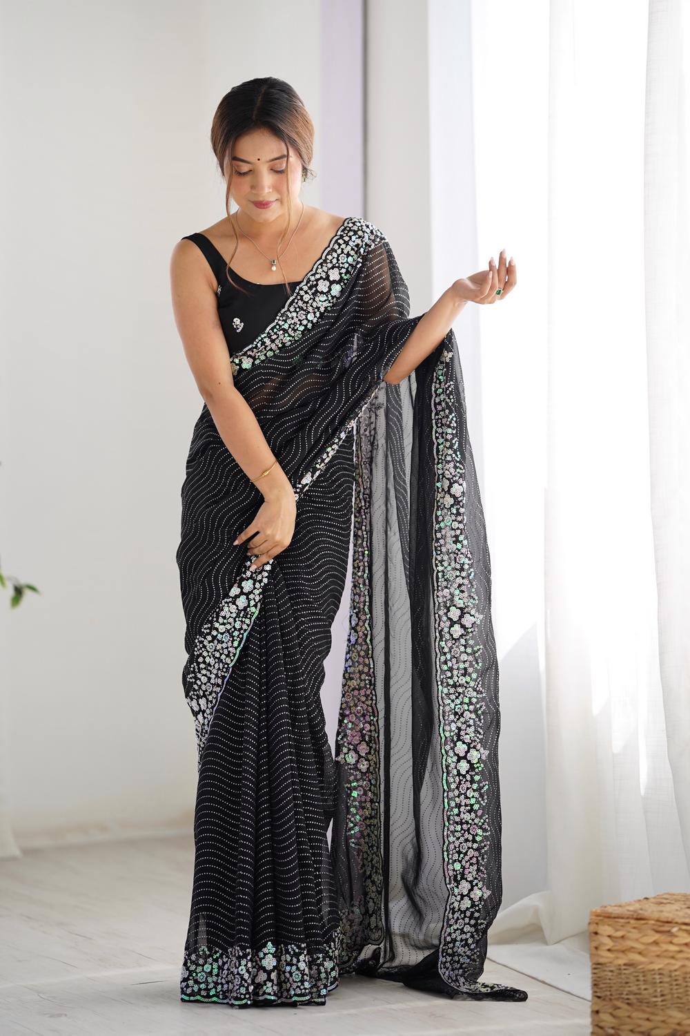 Isaha Black Georgette Saree with Sequins Embellished Border Ready to Wear One Minute Saree