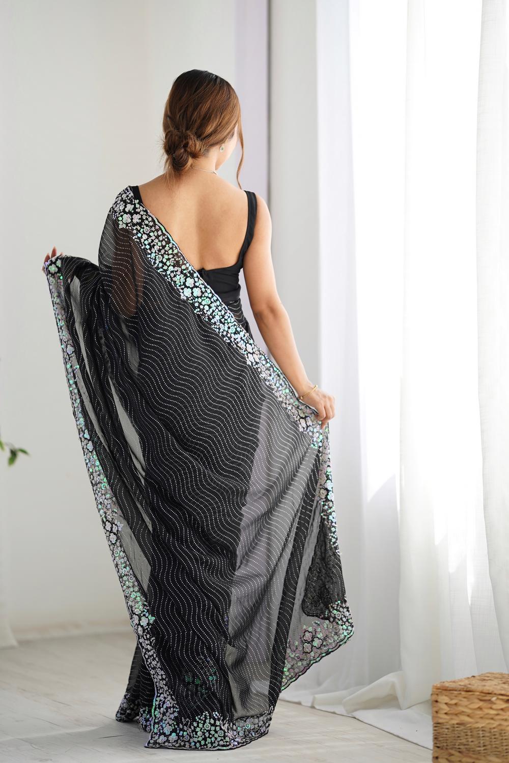 Isaha Black Georgette Saree with Sequins Embellished Border Ready to Wear One Minute Saree