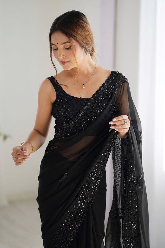 Tyra Black Georgette Net Embroidered Sequins One Minute Saree