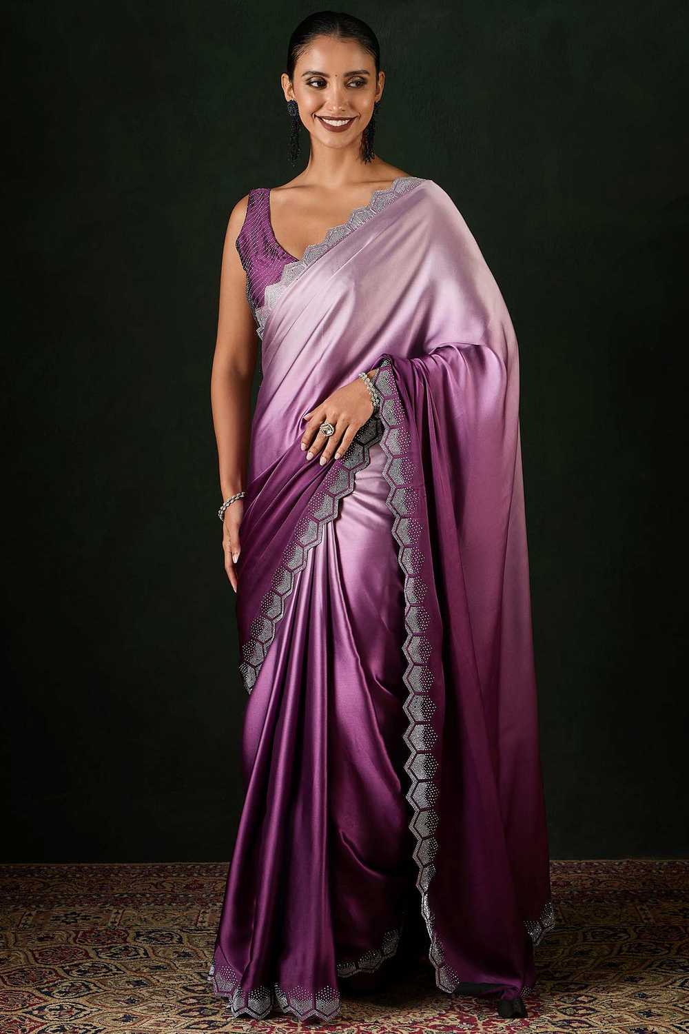 Purple Satin Silk Embellished Ombre One Minute Saree - Ready to Wear