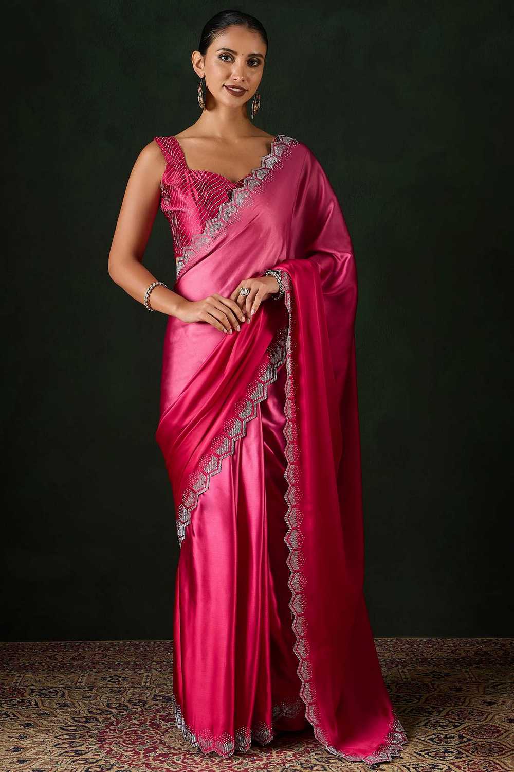 Pink Satin Silk Embellished Ombre One Minute Saree - Ready to Wear