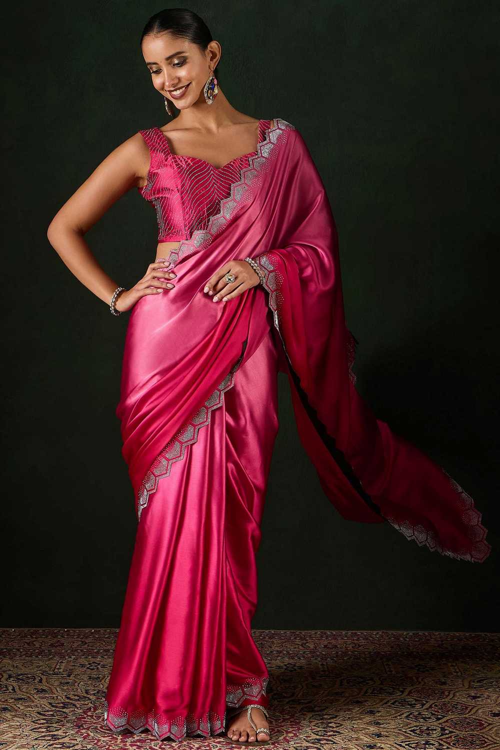 Pink Satin Silk Embellished Ombre One Minute Saree - Ready to Wear
