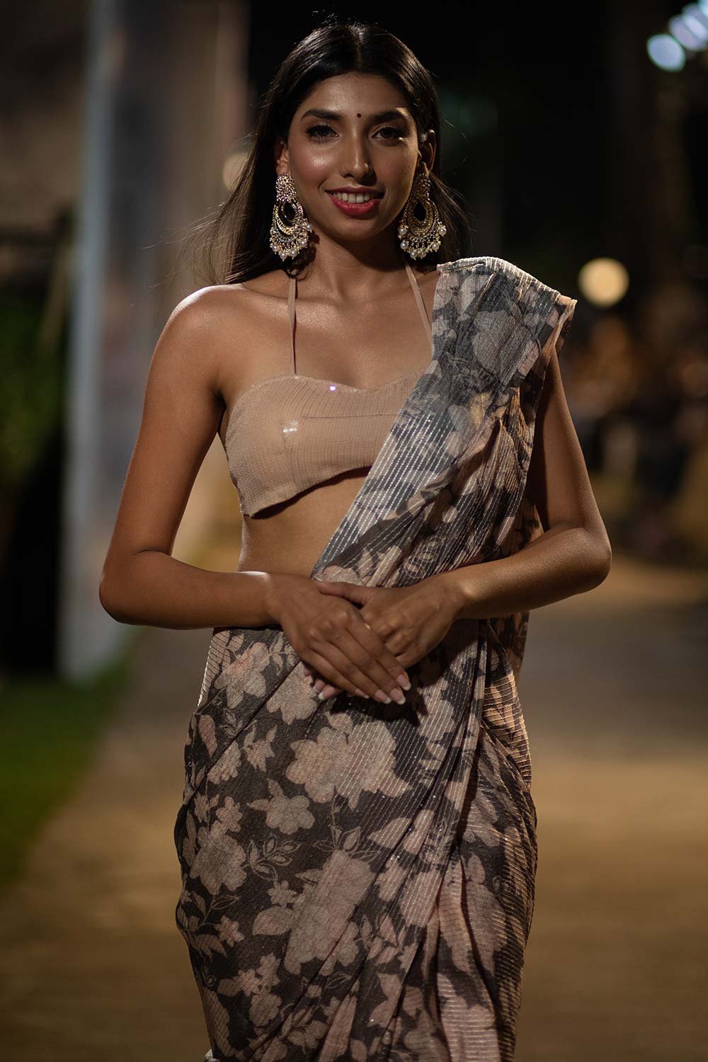 Chloe Beige Georgette Floral Sequence Ready to Wear One Minute Saree