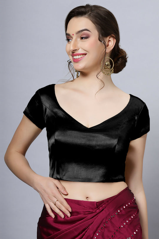 Mena Black Satin Comfort Stretch™  Leaf Neck Short Sleeve Blouse