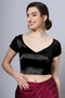 Mena Black Satin Comfort Stretch™  Leaf Neck Short Sleeve Blouse