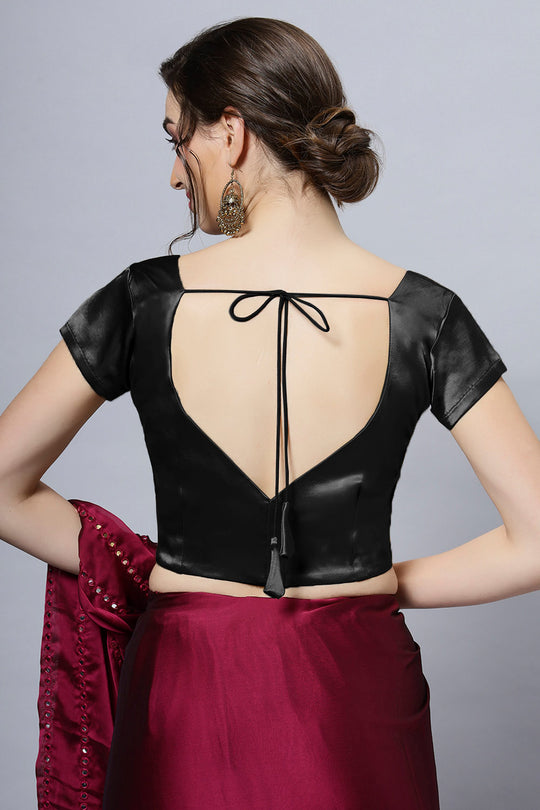 Mena Black Satin Comfort Stretch™  Leaf Neck Short Sleeve Blouse