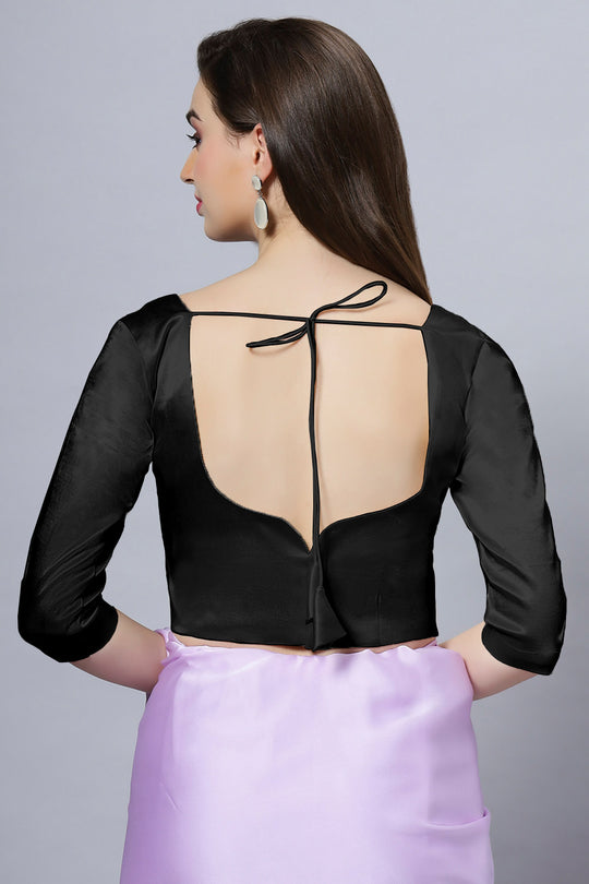 Tula Black Satin Comfort Stretch™  Sweetheart Neck Elbow Sleeve Blouse