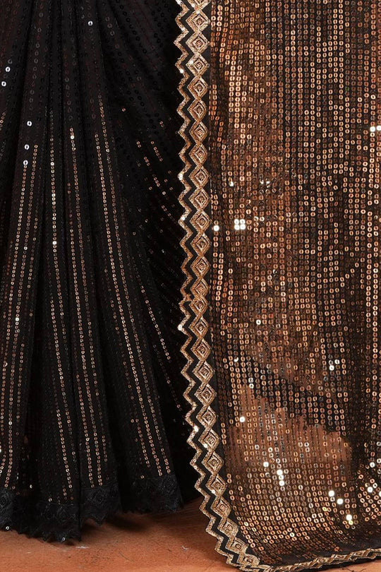 Shiloh Black &amp; Gold Georgette Sequins Partywear Ready to Wear Saree