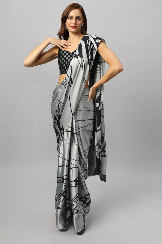 Gaia Silver Satin Crepe Printed Ready to Wear One Minute Saree