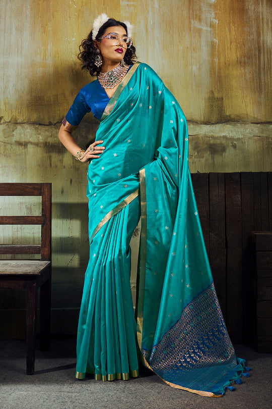 Sapna Turquoise Blue Handloom Weaving Silk Ready to Wear Saree