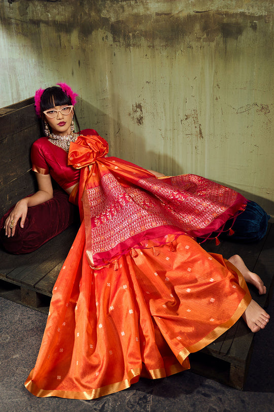 Sapna Orange Handloom Weaving Silk Ready to Wear Saree