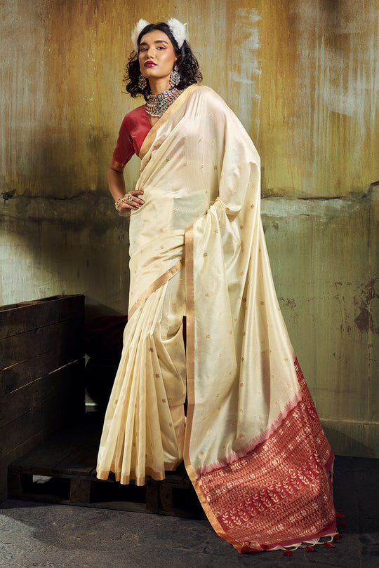 Sapna Cream Handloom Weaving Silk Ready to Wear Saree