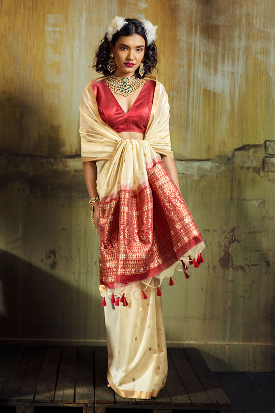 Sapna Cream Handloom Weaving Silk Ready to Wear Saree