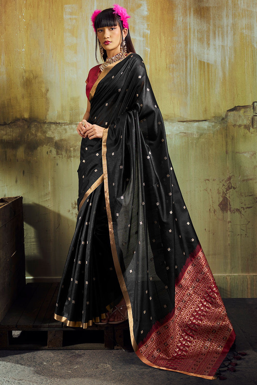Sapna Black Handloom Weaving Silk Ready to Wear Saree