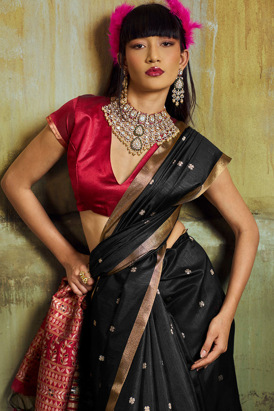 Sapna Black Handloom Weaving Silk Ready to Wear Saree