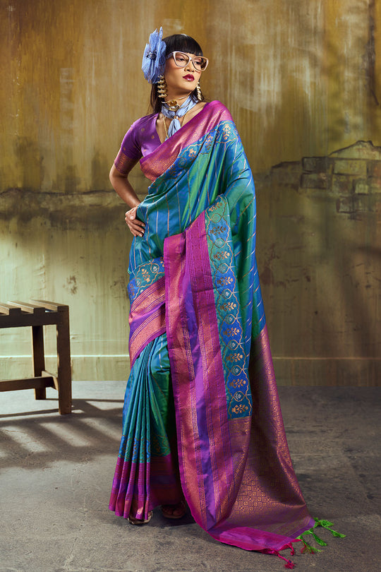 Amritsar Turquoise Blue Pure Silk Pochampally Handloom Weaving Ready to Wear Saree
