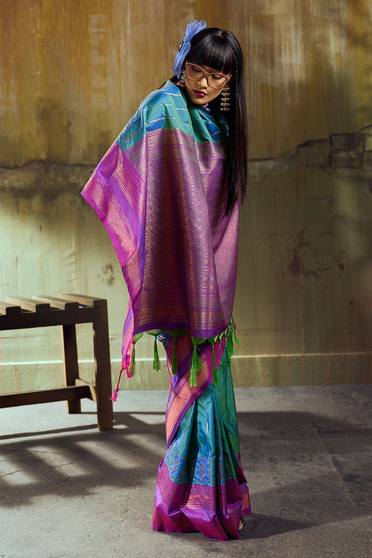 Amritsar Turquoise Blue Pure Silk Pochampally Handloom Weaving Ready to Wear Saree