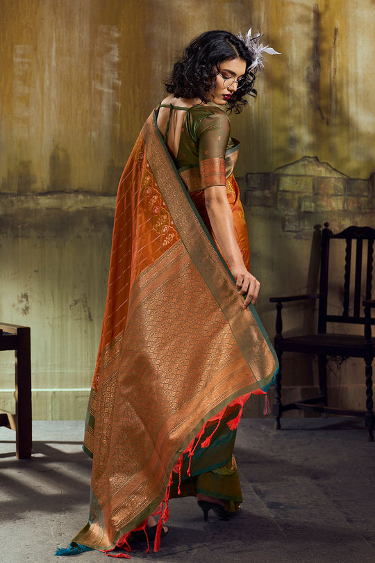 Amritsar Rust Orange Pure Silk Pochampally Handloom Weaving Ready to Wear Saree