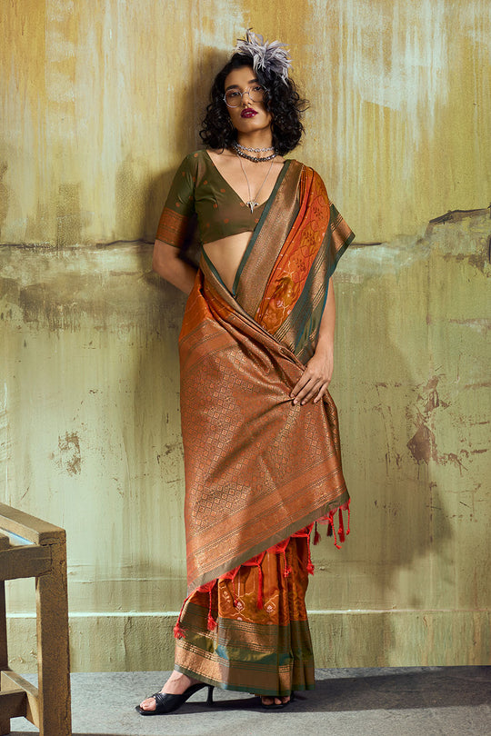 Amritsar Rust Orange Pure Silk Pochampally Handloom Weaving Ready to Wear Saree