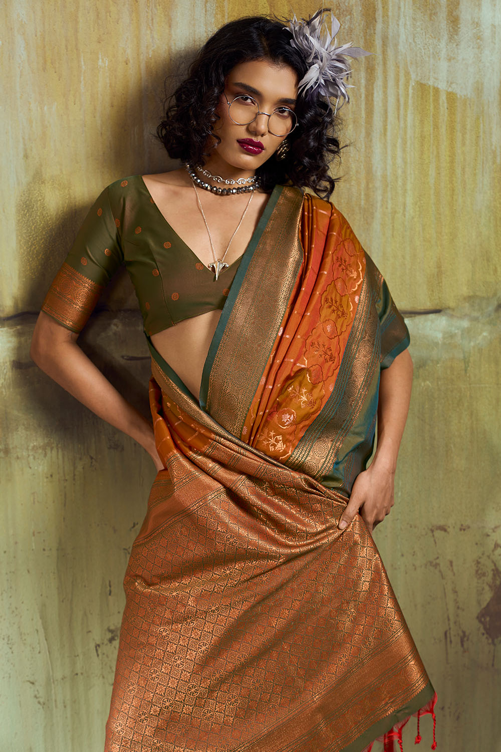 Amritsar Rust Orange Pure Silk Pochampally Handloom Weaving Ready to Wear Saree