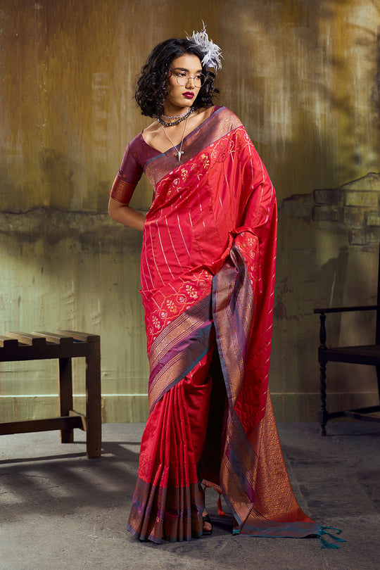 Amritsar Ruby Red Pure Silk Pochampally Handloom Weaving Ready to Wear Saree
