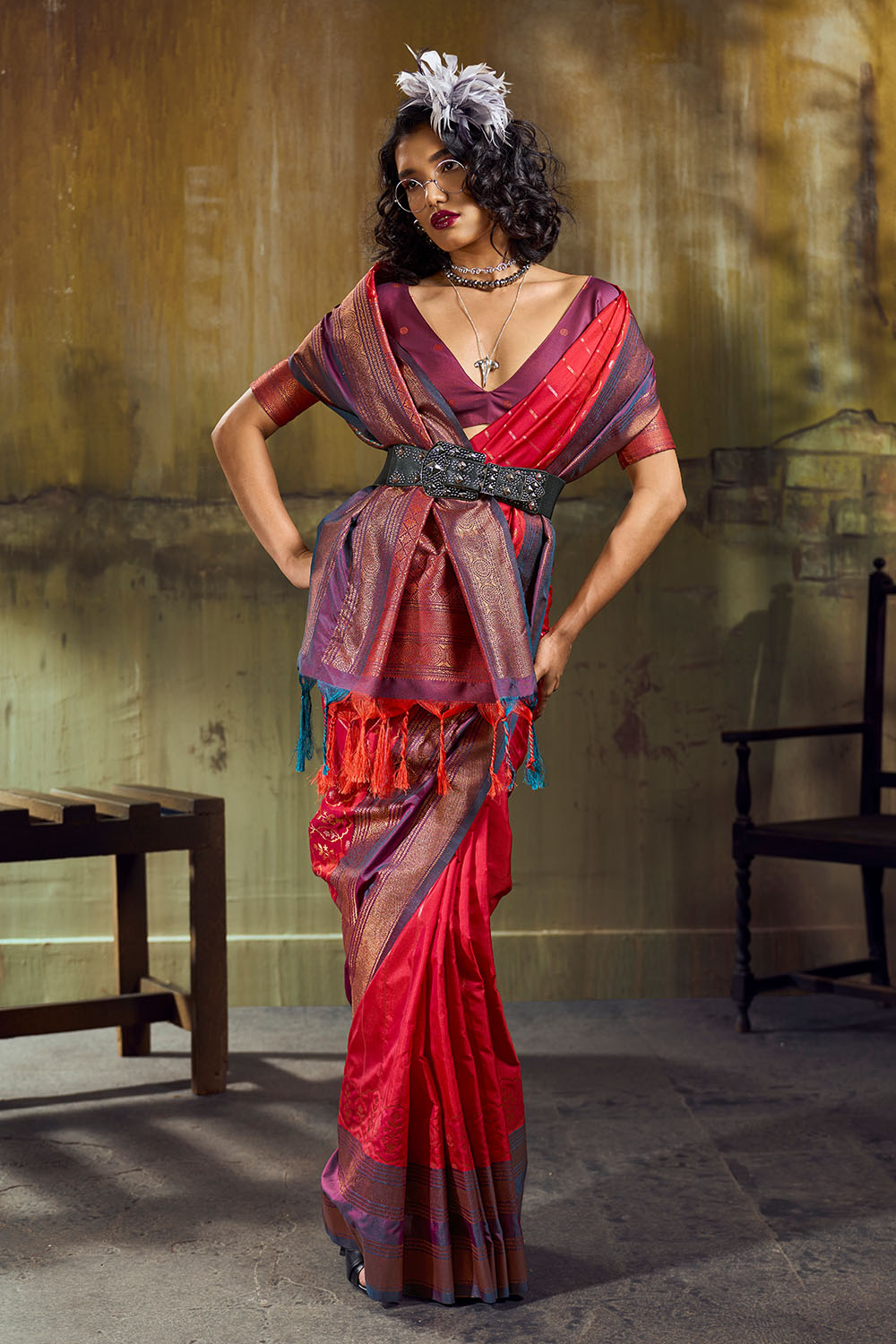 Amritsar Ruby Red Pure Silk Pochampally Handloom Weaving Ready to Wear Saree