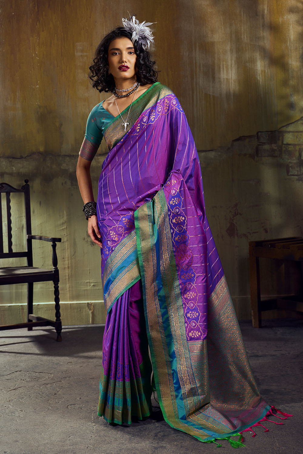 Amritsar Royal Purple Pure Silk Pochampally Handloom Weaving Ready to Wear Saree