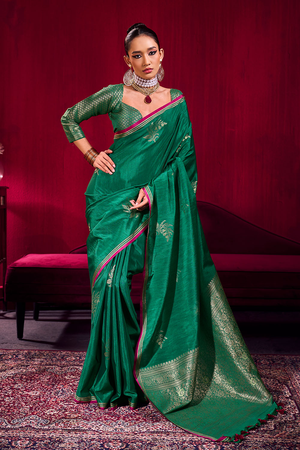 Varsha Emerald Green Satin Linen Handloom Weaving Silk Ready to Wear Saree