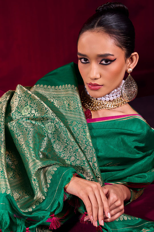 Varsha Emerald Green Satin Linen Handloom Weaving Silk Ready to Wear Saree