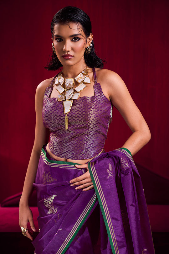 Varsha Purple Satin Linen Handloom Weaving Silk Ready to Wear Saree
