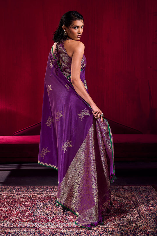 Varsha Purple Satin Linen Handloom Weaving Silk Ready to Wear Saree
