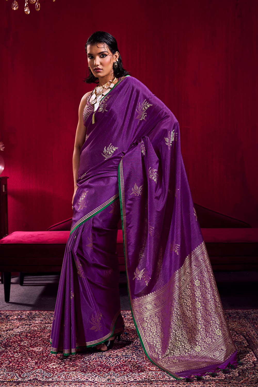 Varsha Purple Satin Linen Handloom Weaving Silk Ready to Wear Saree