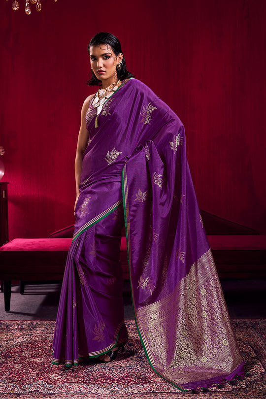 Varsha Purple Satin Linen Handloom Weaving Silk Ready to Wear Saree