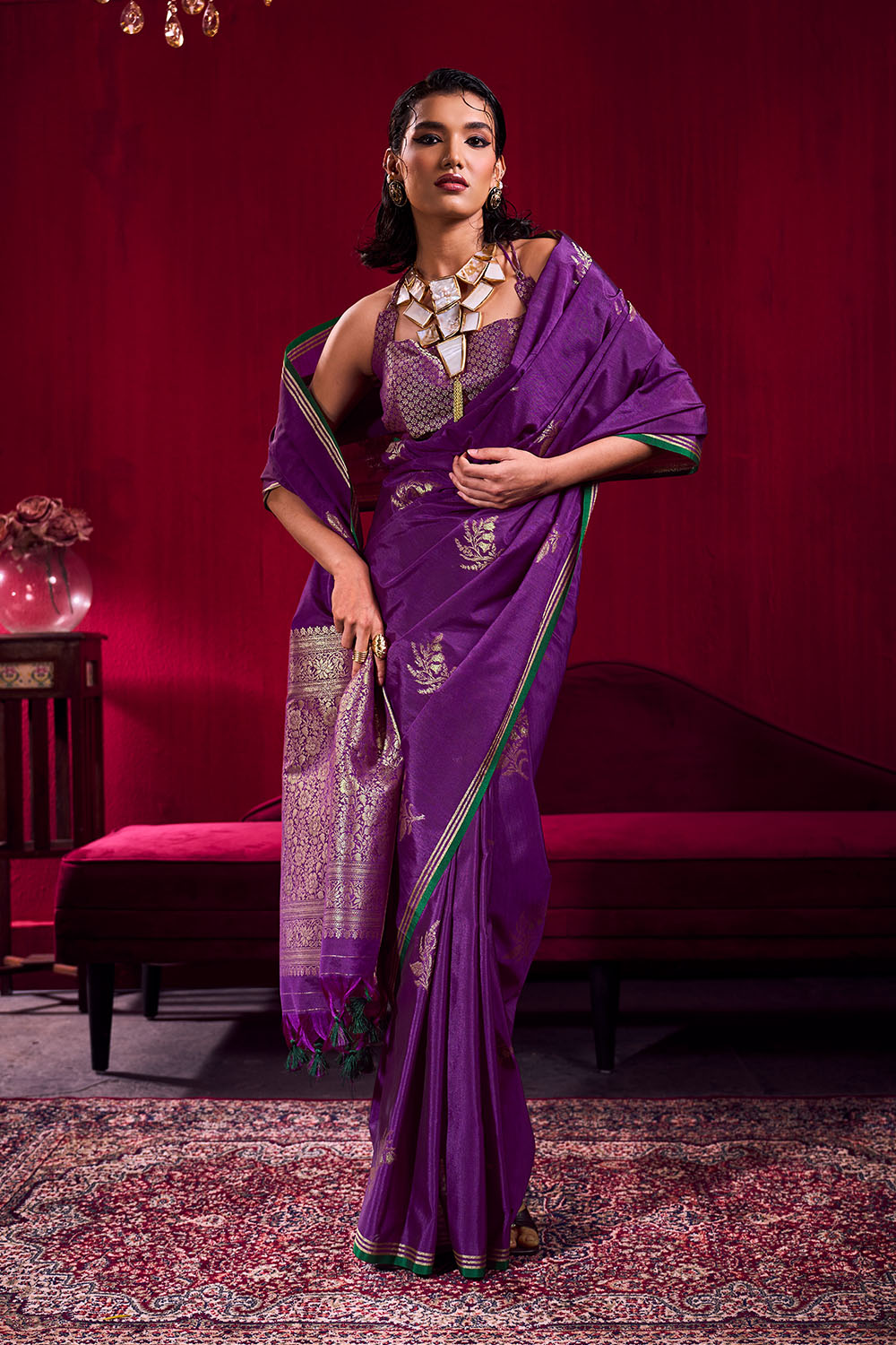 Varsha Purple Satin Linen Handloom Weaving Silk Ready to Wear Saree