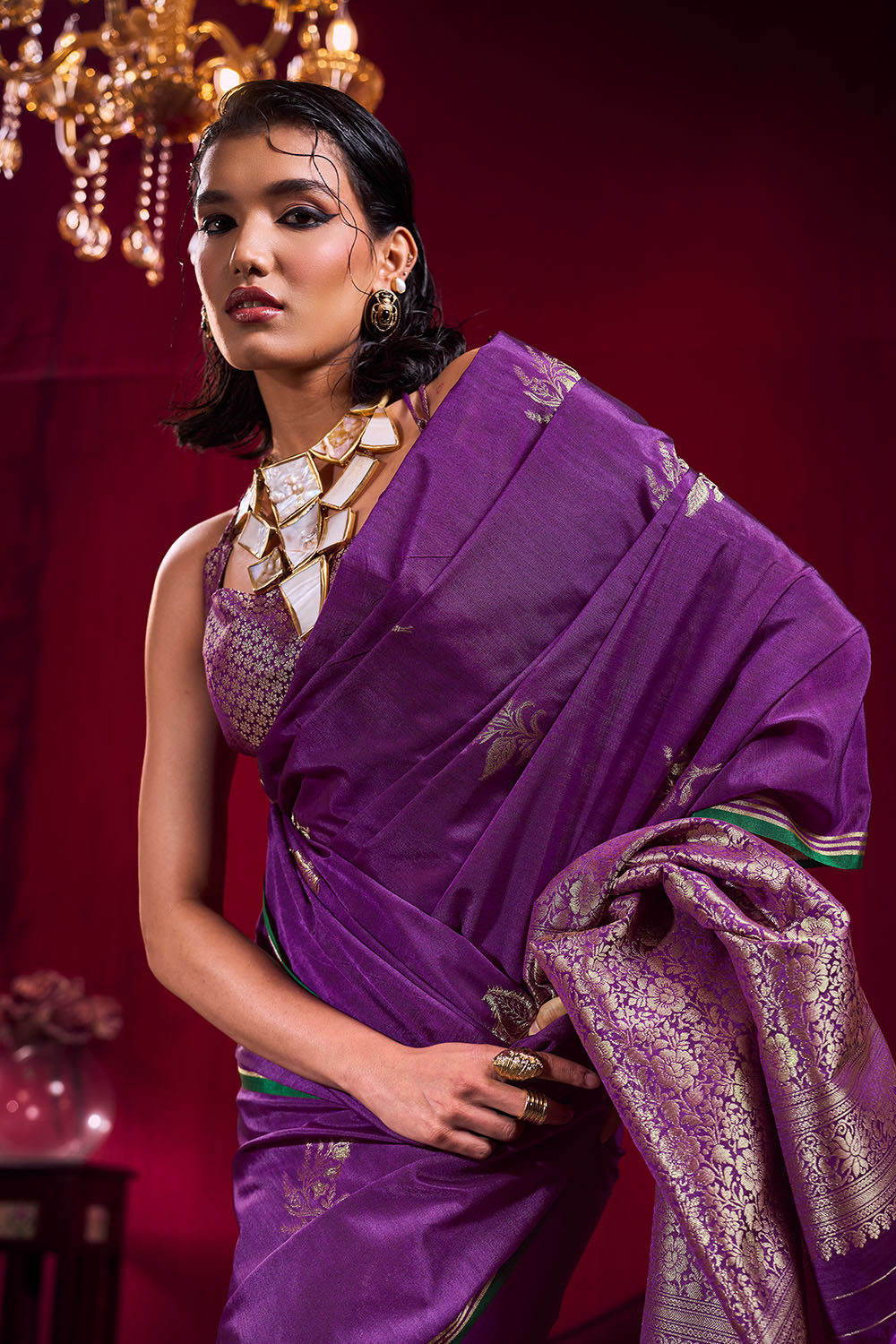 Varsha Purple Satin Linen Handloom Weaving Silk Ready to Wear Saree