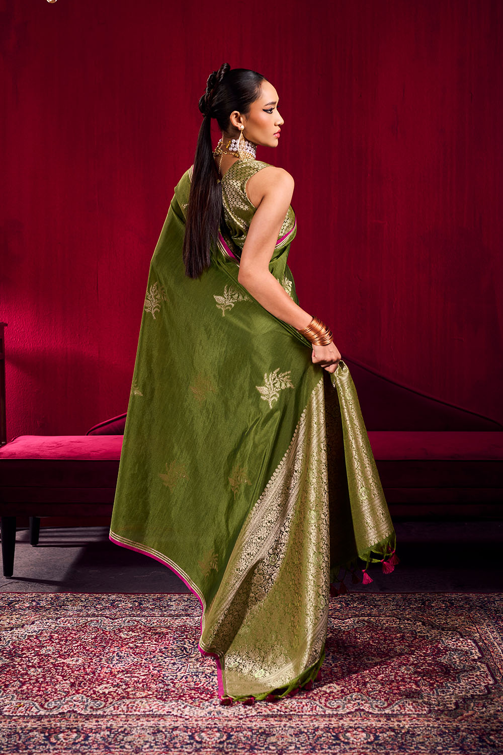 Varsha Olive Green Satin Linen Handloom Weaving Silk Ready to Wear Saree