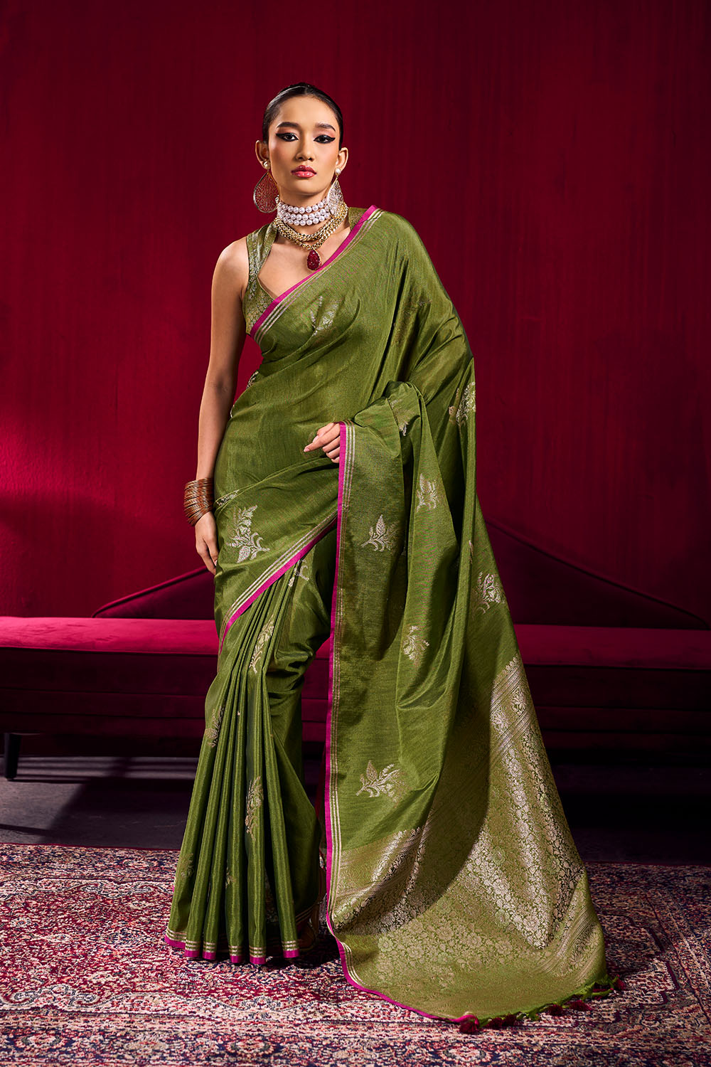 Varsha Olive Green Satin Linen Handloom Weaving Silk Ready to Wear Saree