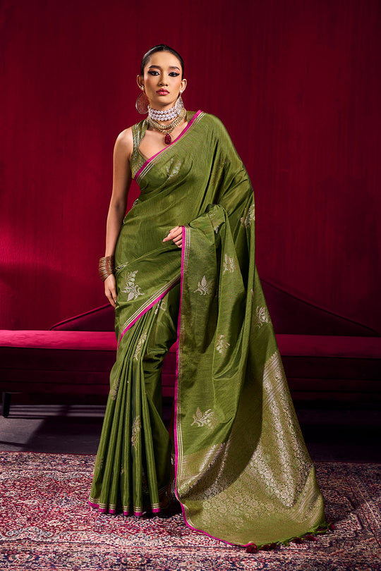 Varsha Olive Green Satin Linen Handloom Weaving Silk Ready to Wear Saree