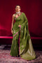 Varsha Olive Green Satin Linen Handloom Weaving Silk Ready to Wear Saree