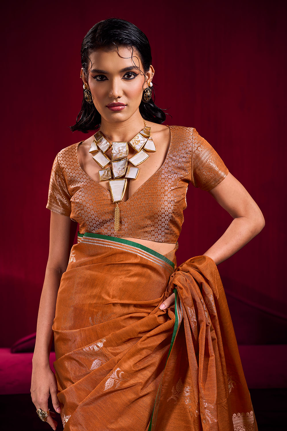 Varsha Rust Orange Satin Linen Handloom Weaving Silk Ready to Wear Saree