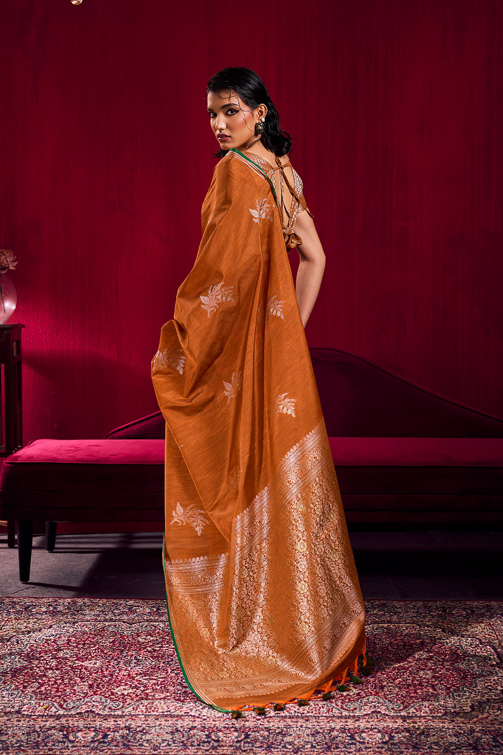 Varsha Rust Orange Satin Linen Handloom Weaving Silk Ready to Wear Saree