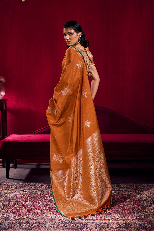 Varsha Rust Orange Satin Linen Handloom Weaving Silk Ready to Wear Saree