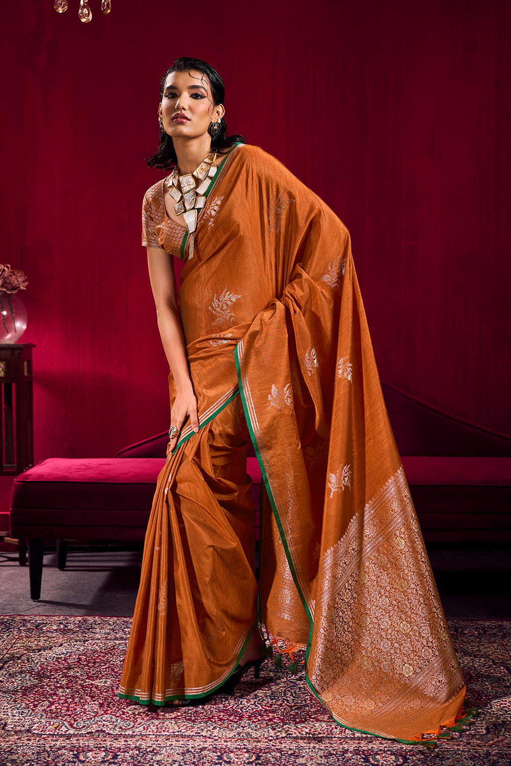 Varsha Rust Orange Satin Linen Handloom Weaving Silk Ready to Wear Saree